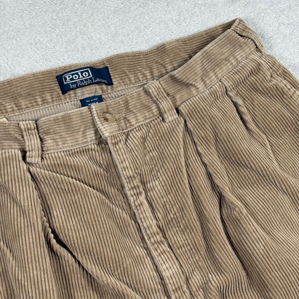 Polo Ralph Lauren Andrew Pant Tan Corduroy Pleated Trousers 34x32 Mens - Picture 1 of 12